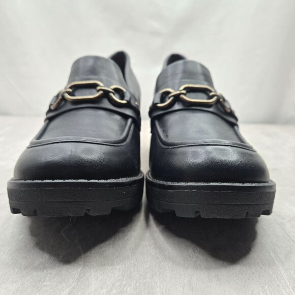 WM Platform Loafers 10 Black Faux Leather Y2K Retro Academia Preppy Chunky Shoes - Picture 4 of 12